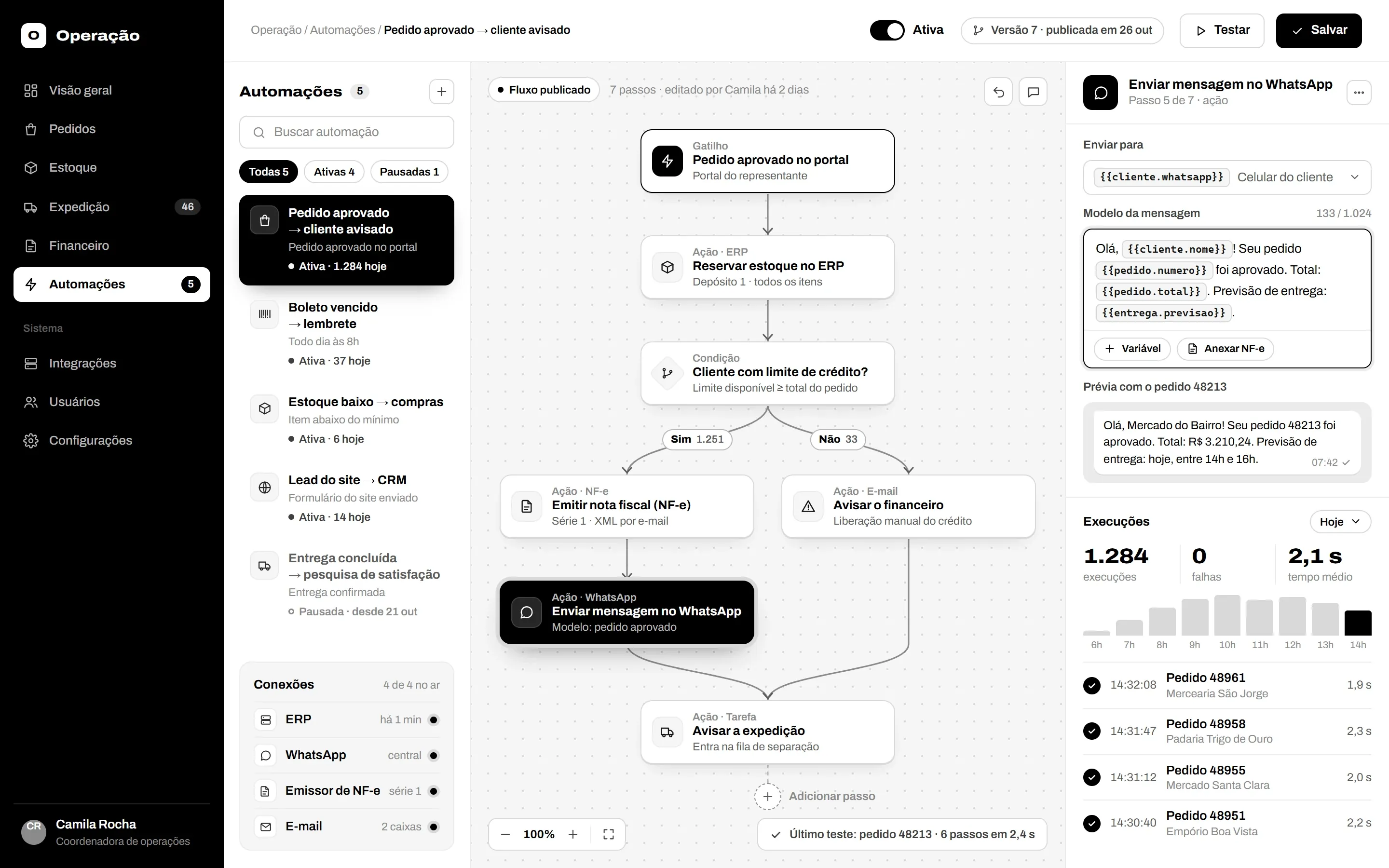 Tela de exemplo de uma automação: quando um pedido é aprovado, o sistema reserva o estoque, emite a nota e avisa o cliente