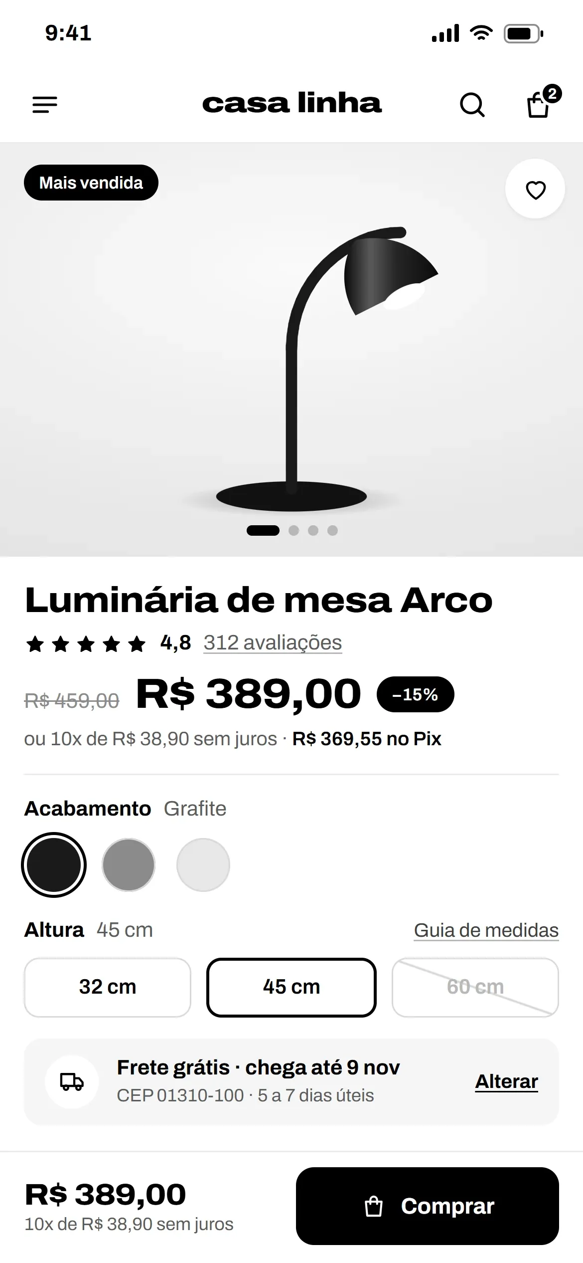 Tela de exemplo de uma página de produto no celular: foto, preço, opções e botão de compra