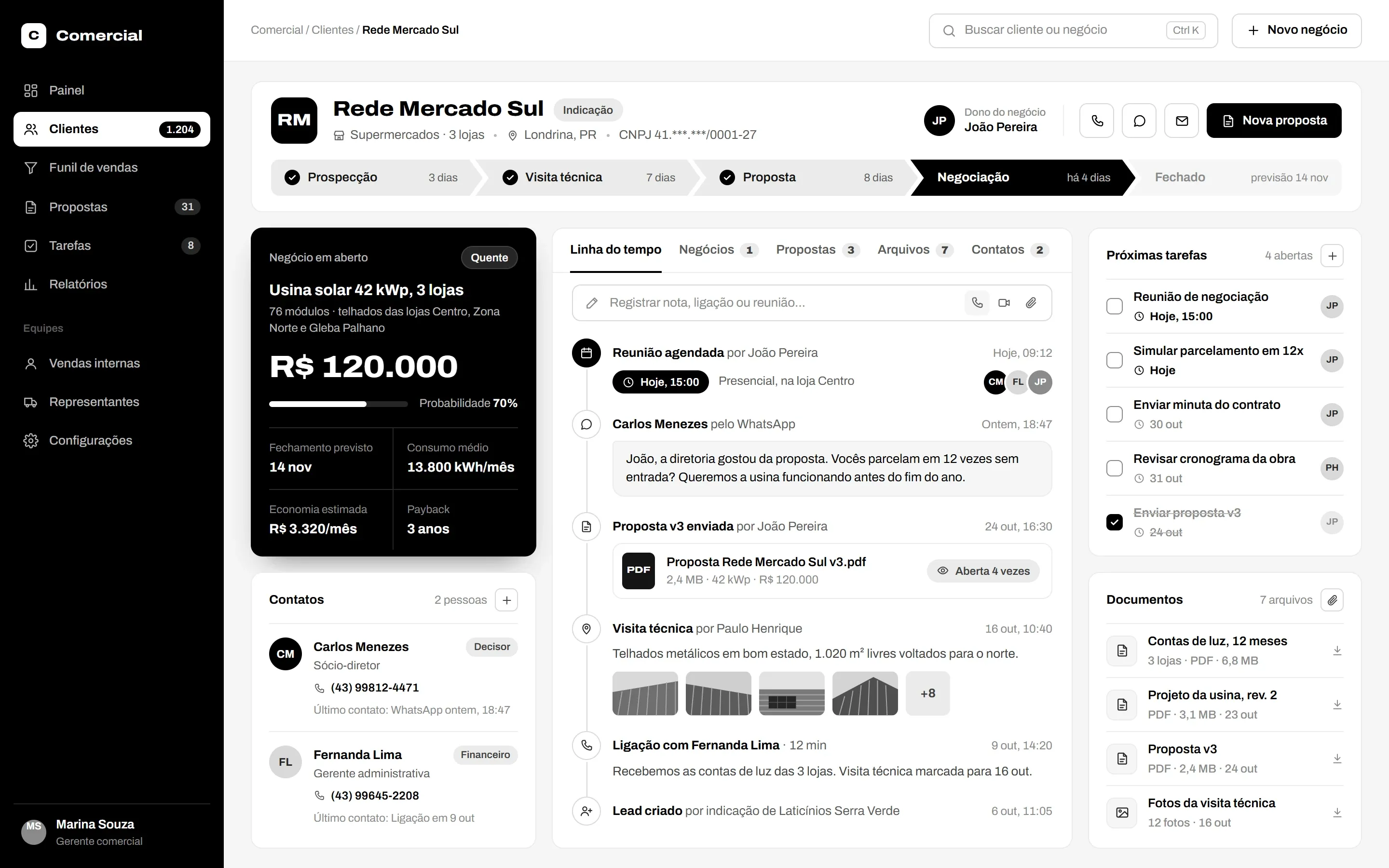 Tela de exemplo de um CRM: ficha do cliente com o negócio em andamento, a linha do tempo das conversas e as próximas tarefas