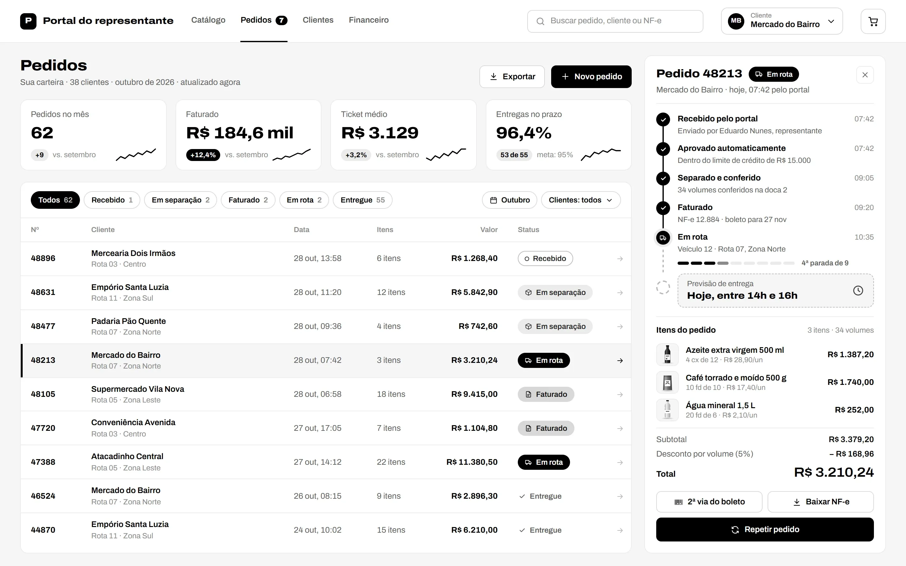 Tela de exemplo de um portal de vendas: pedidos do cliente com a etapa da entrega, a nota fiscal e a previsão de chegada