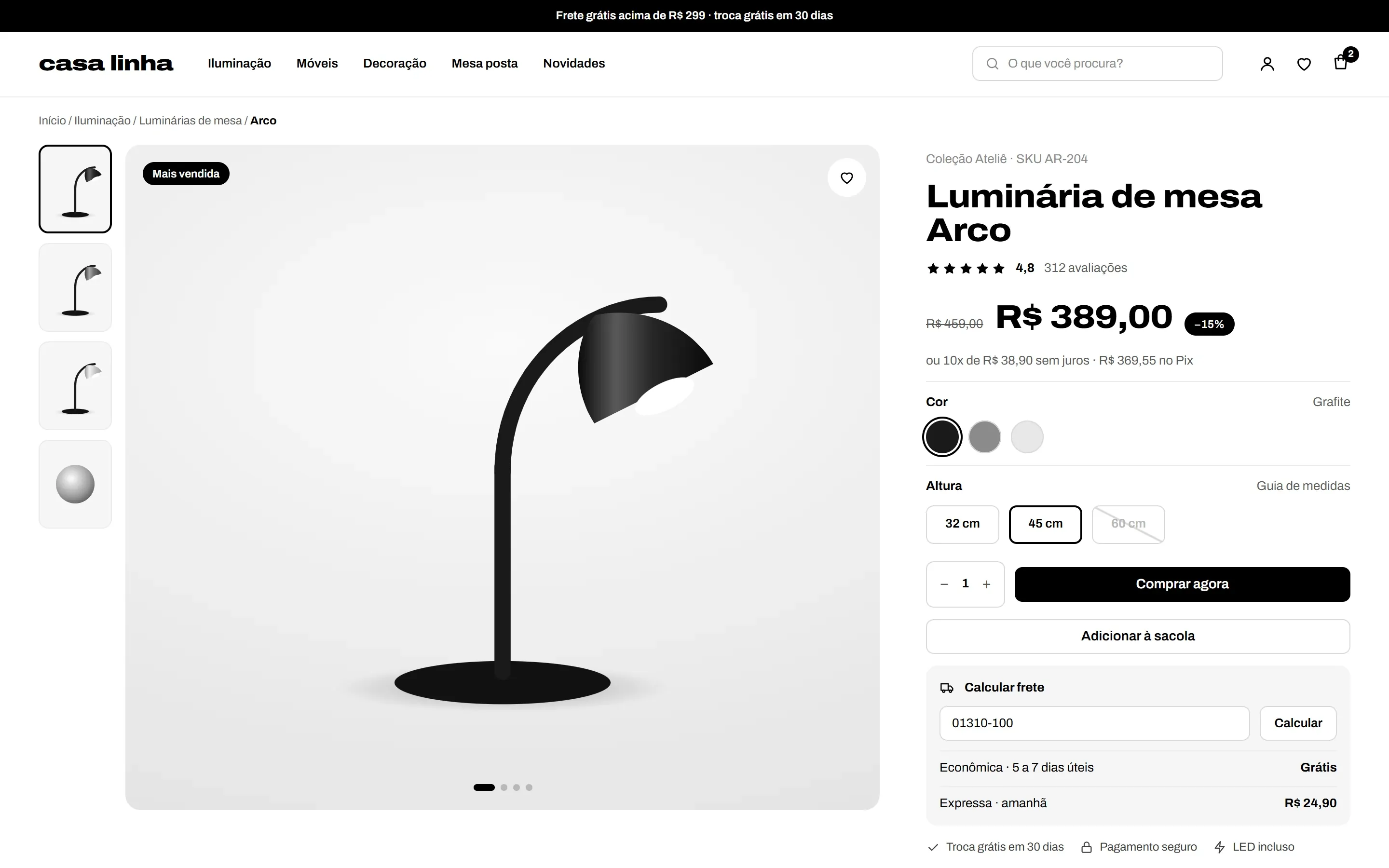 Tela de exemplo de uma página de produto: galeria de fotos, preço, opções e botão de compra