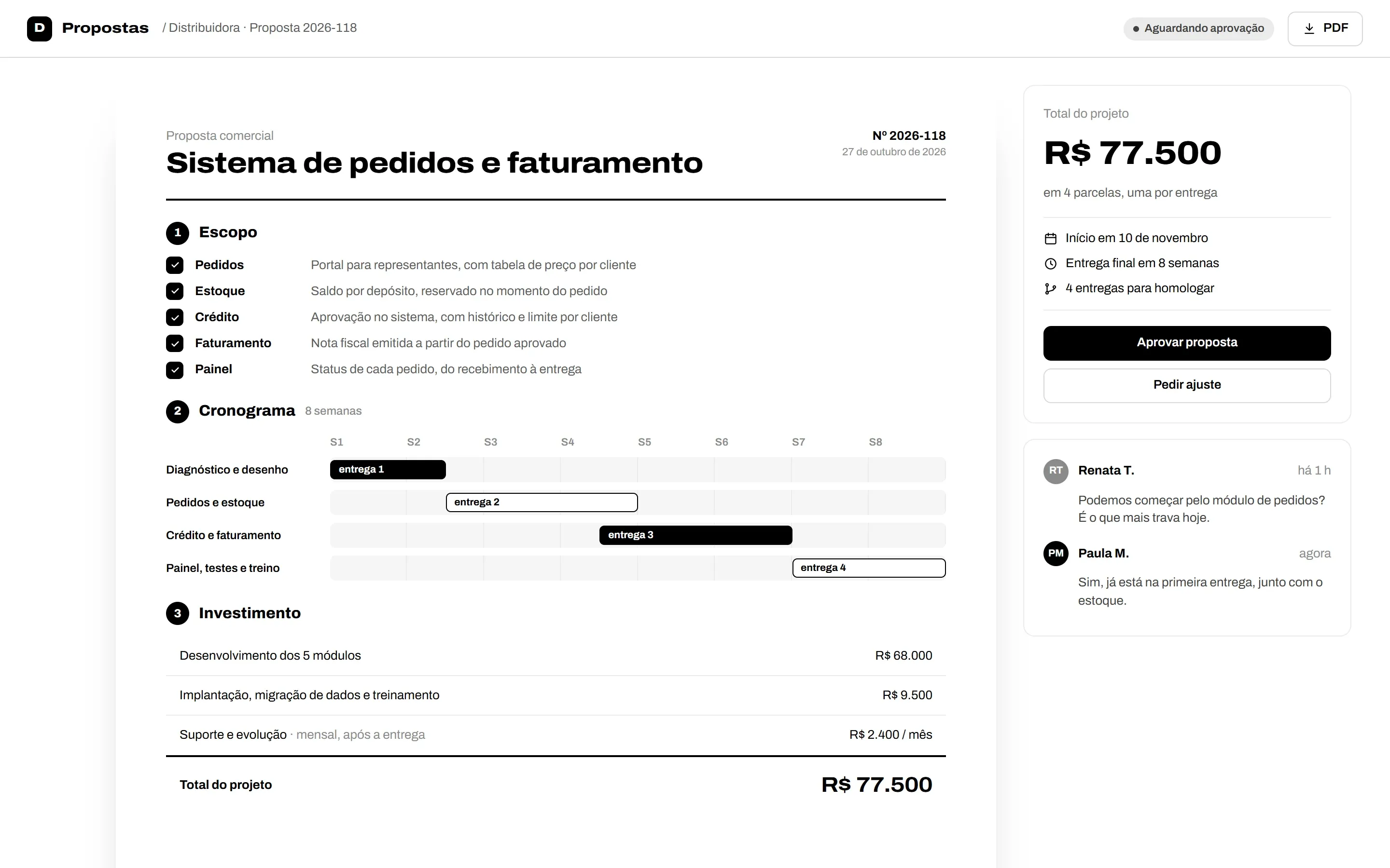 Proposta com escopo, cronograma em etapas e investimento